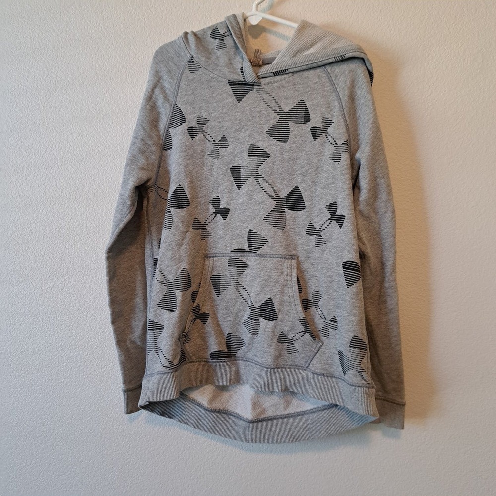 Under Armour Girls‎ Heather Gray All Over Logo Print Hoodie Sweatshirt Raglan